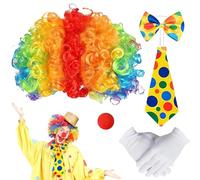 5 Pezzi Accessori Costume Clown, Parrucca da Pagliaccio, Naso Rosso, Cravatta Colorata, Papillon, Guanti, Accessori per Costumi da Clown, Accessorio Costume da Clown per Cosplay Festa Carnevale