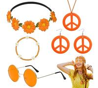 5 Pezzi Accessori Hippie Donna, Hippie Costume Set Retrò con Occhiali Hippie Vintage Orecchini Collana con Segno di Pace Floreale Colorata Braccialetti per Festa Anni '60 '70