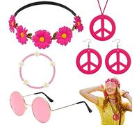5 Pezzi Accessori Hippie Donna, Hippie Costume Set Retrò con Occhiali Hippie Vintage Orecchini Collana con Segno di Pace Floreale Colorata Braccialetti per Festa Anni '60 '70