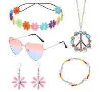 5 Pezzi Accessori Hippie Donna,Set Di Accessori per Costume Hippie,Orecchini,Cerchietto Con Girasole,Collana Con Segno Di Pace,Braccialetto,Occhiali Da Festa Hippie,Per Feste Di Carnevale Anni '60 '70