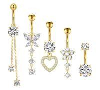 5 pezzi barrette per ombelico pendenti in argento farfalla cuore fiore in acciaio inossidabile 5.1/3.8/4.7/4/2.1 cm extra lunghe barre per ombelico dorate ipoallergeniche gioielli penetranti per il