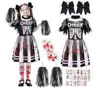 5 Pezzi Cheerleader Zombie Bambina, Costume Zombie Bambina, Vestito Scheletro bambina con Pompons, Insanguinato Calze e Tatuaggi, Costumi Halloween Cheerleader per Halloween Carnevale Cosplay(M)