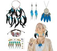 5 Pezzi Copricapo Boho Indiano Set,Fascia Indiana con Piume,Orecchino con Piume,Collana Girocollo Boho,Braccialetto in Pelle e Tatuaggi,Accessori Hippie Boho per Feste in Maschera, da Donna e Ragazza