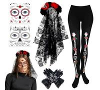 5 pezzi Costume Dia De Los Muertos, Costume Giorno dei Morti Donna, Dia De Los Muertos Velo Cerchietto con Collant Scheletro, Guanti e Trucco Giorno dei Morti per Costume di Halloween, Carnevale