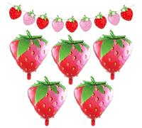 5 pezzi di palloncini alla fragola, 1 pezzo di bandiera alla fragola, palloncini a forma di fragola, decorazione a tema fragola, palloncini in pellicola di alluminio alla fragola