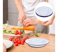 5 pezzi di piatti rotondi smaltati, 5 pezzi, bianchi con bordo blu, perfetti