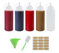 5 pezzi Flacone da spremere da 16 oz, 500 ml Squeeze Bottle, Bottiglia Squeeze di Plastica, con cappucci, condimenti ketchup, con 1 spazzola spugna + 1 imbuto verde + 15 carte kraft