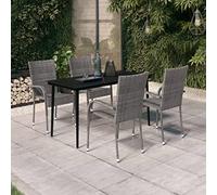5 pezzi Gruppo da giardino per terrazza e balcone, robusto rattan PE e acciaio, grigio e nero, per esterni, con tavolo in vetro e 4 sedie