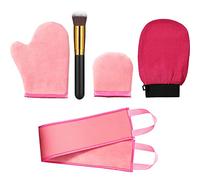 5 Pezzi Kit Applicatore Guanto Autoabbronzante, Include Guanto Esfoliante, Guanto Abbronzante, Mini Faccia Mitt, Applicatore Lozione Schiena con Pennello Abbronzante Trucco Piatto (Rosa)