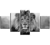 5 Pezzi Leone Animale In Bianco E Nero Quadro Su Tela Canvas Quadri Moderni Per Soggiorno Camera Da Letto Cucina Decorazione Da Parete, (Con Cornice 200 X 100 Cm) -Ufficio/Hotel/Ristorante/Foto/Poste