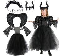5 Pezzi Malefica Costume Bambina Halloween,Malefica Costume Bambina,Vestito Halloween Strega Cattiva Bambina Cerchietto Corna del Diavolo Ali Nero e Maniche a Piuma per Carnevale Halloweens Cosplay