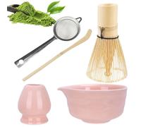 5 Pezzi Matcha Whisk Kit, Frustino Matcha, Ciotola, Cucchiaio Tradizionale, Supporto per Frusta Matcha, Filtro, Cerimonia Giapponese (Pink)