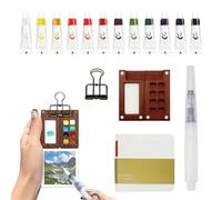 5 Pezzi Mini Kit Acquerelli Portatile, Acquerelli da Viaggio con Tavolozza in Legno a 8 Griglie con 12 Colori Acquerello Album da Disegno Pennello e Clip in Metallo per Principianti e Professionisti