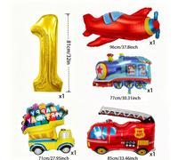5 pezzi Palloncini numerici dorati, Palloncini a forma di aereo, Palloncini a forma di treno, Palloncini a forma di veicolo da costruzione e Palloncini a forma di camion dei pompieri, Adatti per feste