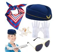 5 pezzi per costume da hostess da donna, cappello, guanti, sciarpa di seta, occhiali da sole e spille, ideali per adulti, donne e ragazze cosplay, Accetto la specializzazione, Se référer au