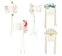 5 Pezzi Pettine Laterale Decorativo con Fiori e Perline | Fermaglio da Donna in Metallo e Plastica, Adatto a Festival e Outfit Quotidiani, Dettagli Fenicottero e Fiori di Pesco