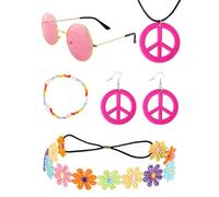 5 Pezzi Rosa Accessori per Costumi Donna Hippie Set, Accessori Anni 70 Fascia per Capelli Braccialetto di Perline Occhiali Hippie Collana e Orecchini della Pace per Outfit Anni 70 Halloween