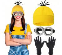 5 pezzi Set a tema Minions, inclusi i personaggi Stuart+Bob+Kevin per cosplay, con cappello giallo, occhiali decorativi a tema cartone animato, guanti neri, gonna decorativa per festa, tracolla, alla