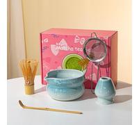 5 pezzi set da tè Matcha in ceramica e bambù, tra cui frusta, ciotola con beccopiedi, supporto, scoop e setaccio, kit di preparazione del tè tradizionale per gli appassionati di Matcha