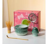5 pezzi set da tè Matcha in ceramica e bambù, tra cui frusta, ciotola con beccopiedi, supporto, scoop e setaccio, kit di preparazione del tè tradizionale per gli appassionati di Matcha