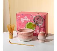 5 pezzi set da tè Matcha in ceramica e bambù, tra cui frusta, ciotola con beccopiedi, supporto, scoop e setaccio, kit di preparazione del tè tradizionale per gli appassionati di Matcha