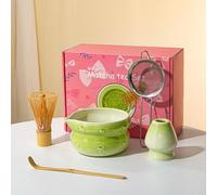 5 pezzi set da tè Matcha in ceramica e bambù, tra cui frusta, ciotola con beccopiedi, supporto, scoop e setaccio, kit di preparazione del tè tradizionale per gli appassionati di Matcha
