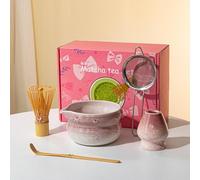 5 pezzi set da tè Matcha in ceramica e bambù, tra cui frusta, ciotola con beccopiedi, supporto, scoop e setaccio, kit di preparazione del tè tradizionale per gli appassionati di Matcha