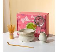 5 pezzi set da tè Matcha in ceramica e bambù, tra cui frusta, ciotola con beccopiedi, supporto, scoop e setaccio, kit di preparazione del tè tradizionale per gli appassionati di Matcha