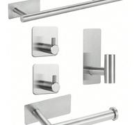 5 pezzi Set di accessori per il bagno in acciaio inossidabile - Comprende barra portasalviette, portarotolo e gancio accappatoio - Senza foratura, facile installazione - Ottimo per la decorazione e l'