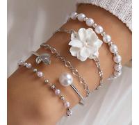 5 pezzi Set di braccialetti in lega bianca semplice con perle, foglie e fiori a catena in argento, realizzato a mano (la dimensione è tagliata in base al cliente, il numero di perle non è fisso), rega