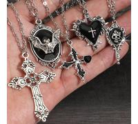 5 pezzi Set di collane pendenti in stile gotico punk rock vintage Y2K con pipistrello gioiello, croce pipistrello, specchio magico, rosa spinosa, croce che si scioglie, catena in acciaio inossidabile,