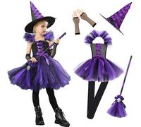 5 pezzi/set di costumi da strega per ragazze con gonna di tulle, cappello, scopa, guanti e calzini, dimora di cosplay per la festa di costum di Halloween.