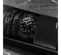 5 pezzi Set di orologi al quarzo casual minimalisti da uomo, accessori cool total black per uomini (include un orologio al quarzo con cinturino in pelle nera, quadrante nero e indici numerici + set di