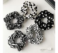 5 pezzi Set elegante e vintage di scrunchies alla moda e versatili per donne, colori nero e bianco, stampe leopardate, a pois e ondulate, in materiale raso dalla texture spessa e pesante, casual, ferm