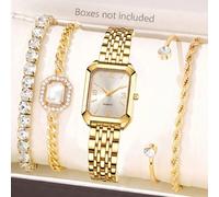5 pezzi/set, orologio elegante da donna, quadrante quadrato dorato di design unico e stile lussuoso, scala digitale, cinturino in lega dorata, adatto per decorazione quotidiana, feste di vacanza, rito