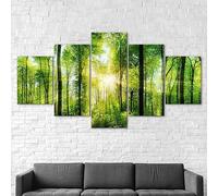 5 pezzi stampa su tela Paesaggio di sole di raggi di sole foresta verde 5 pezzi quadro su tela,stampe e quadri su tela 5 pezzi quadro 5 pezzi su tela,Murale Quadri Soggiorno XXL Casa Decor 150x80cm