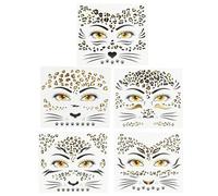 5 Pezzi Tatuaggi Viso Leopardo,Tatuaggio Viso Leopardati con per Donna e Bambina, Tatuaggi Temporanei Donna per Costume di Carnevale, Halloween, Cosplay, Accessori Trucco per Look Leopardato Donno