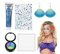 5 Pezzi Trucco Sirena Set,Pittura per Viso Sirena+Stencil a Scaglie+Gel Glitter Chunky+Strass Brillantini Adesivi+Memaid Orecchini Forma Conchiglia,per Carnevale Halloween Feste