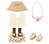 5 pezzi vestiti per bambola, abbigliamento per bambole da 17 cm, set di abbigliamento elastico fai da te, peluche con bretelle, fotocamera, scarpe, berretto per ragazzi e ragazze (beige)