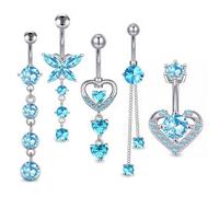 5 piercing per ombelico, in acciaio inox, 14 g | Piercing per ombelico a forma di cuore, lunghezza della barretta: 10 mm, in acciaio inox lucido, comodo da indossare tutti i