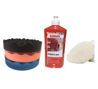 5 PZ KIT SET AUTO SPUGNA TAMPONE 180MM + CUFFIA LANA + POLISH SONAX LUCIDATURA