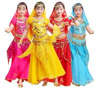 5 Pz Vestito da Danza del Ventre per Bambina con Paillettes Abito da Ballo Arabo Principessa Maniche Corta Costume Chiffon Ragazze Ballo Dance Vestito Carnevale Bambina