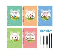 5 quaderni di lavoro riutilizzabili scanalati per la scrittura a mano con set di penne magiche, numeri per disegnare tracciare calligrafia, blocco per la scrittura precoce per bambini