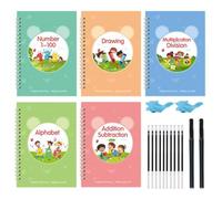 5 quaderni riutilizzabili per pratica della scrittura a mano per bambini dai 3 agli 8 anni, grandi cartelle di lavoro scanalate magiche con penne, traccia lettere e numeri, disegno e matematica, set