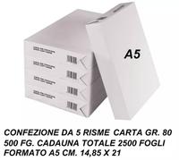 5 Risme Carta A5 per Stampante da 500 Fogli 80 gr/mq RICETTE, VOLANTINI