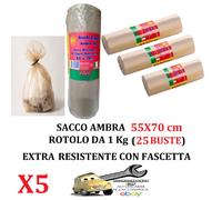 5 Rotoli da 1 Kg (Tot. 125 Buste) 55x70 Sacco immondizia AMBRA Extra Resistenti