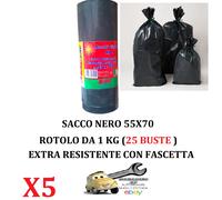 5 Rotoli da 1 Kg (Tot. 125 Buste) 55x70 Sacco immondizia NERO Extra Resistenti