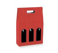 5 Scatole PORTABOTTIGLIE da 3 posti 27x9x38.5 cm con Finestre | 5 PORTA BOTTIGLIE 3 VANI CON MANICO MATRIMONI EVENTI SPECIALI (Lino Rosso)