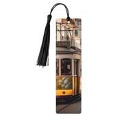 5 segnalibri in legno con nappe, in legno, stile vintage, con tram di Lisbona, fatti a mano, per leggere le pagine, etichette da appendere in legno, ornamento per gli amanti dei libri