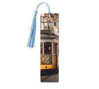 5 segnalibri in legno con nappe, in legno, stile vintage, con tram di Lisbona, fatti a mano, per leggere le pagine, etichette da appendere in legno, ornamento per gli amanti dei libri